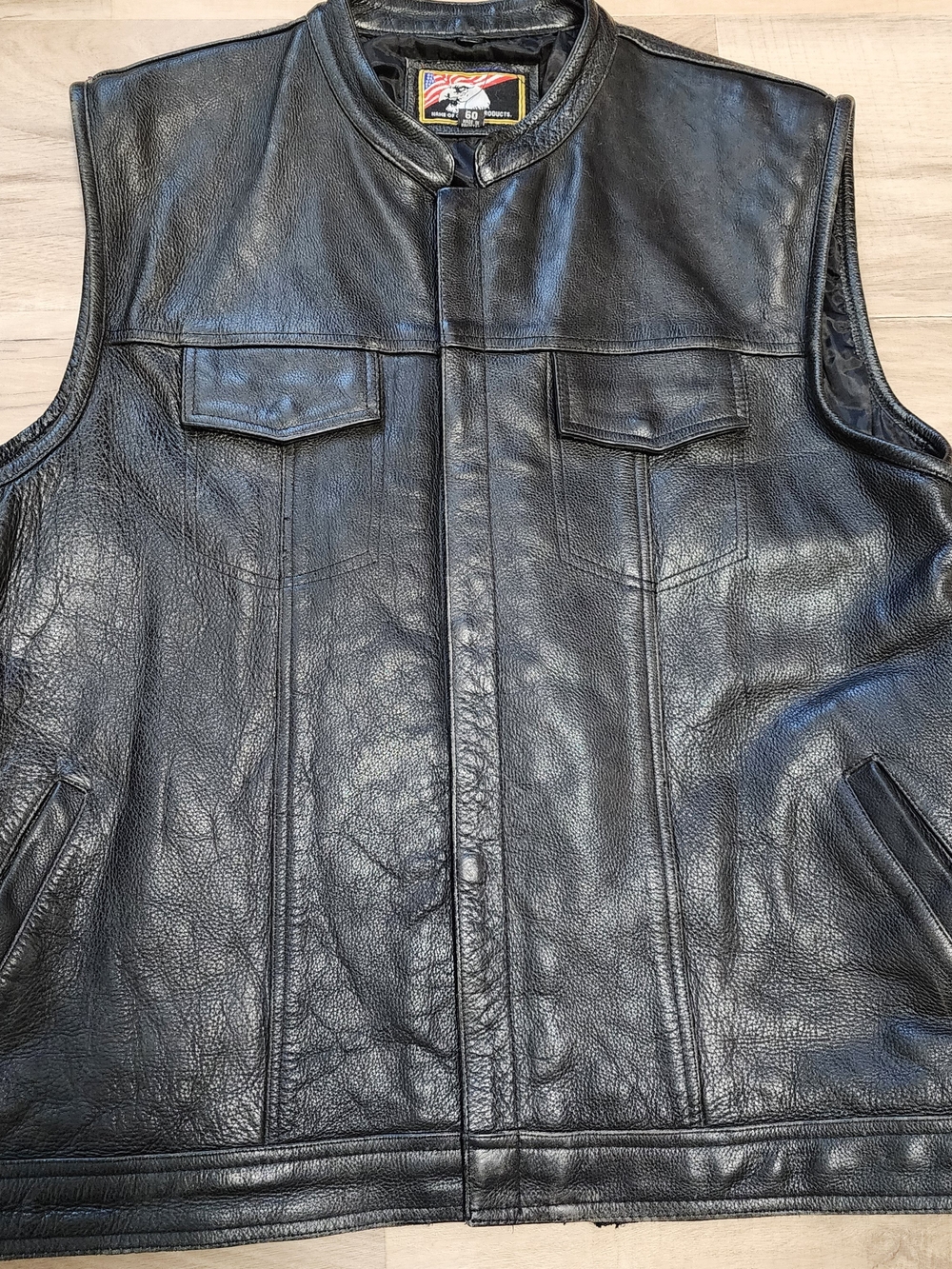 Black Leather Sleeveless Moto Vest - Classic Men's Riding Vest Size 60 2XL